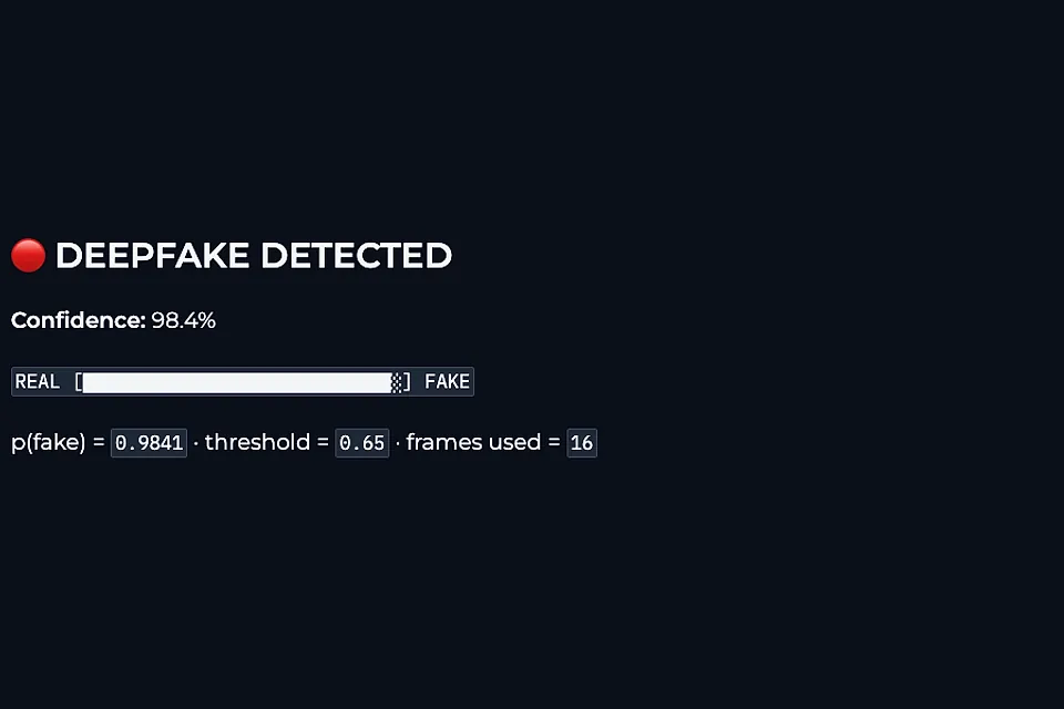 The detector returning a fake verdict at 98.4% confidence with its threshold.